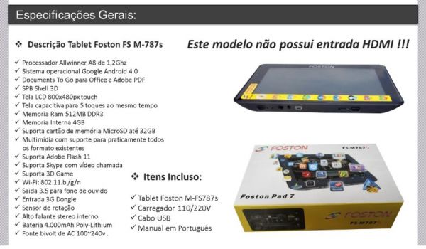 Tablet Foston M787s Android 4.0 Tela 7 Capacitiva